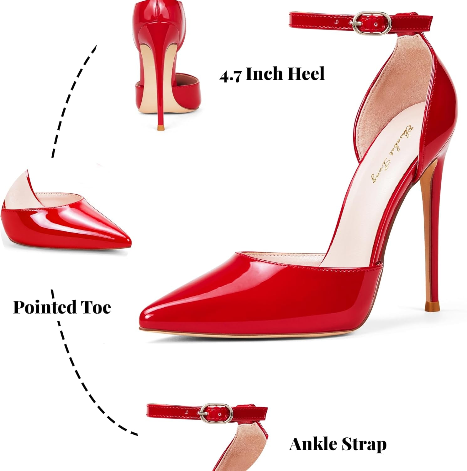 High Heels, Women Pumps D'Orsay Ankle Strap Pointed Toe Stiletto Heels Party Wedding Shoes