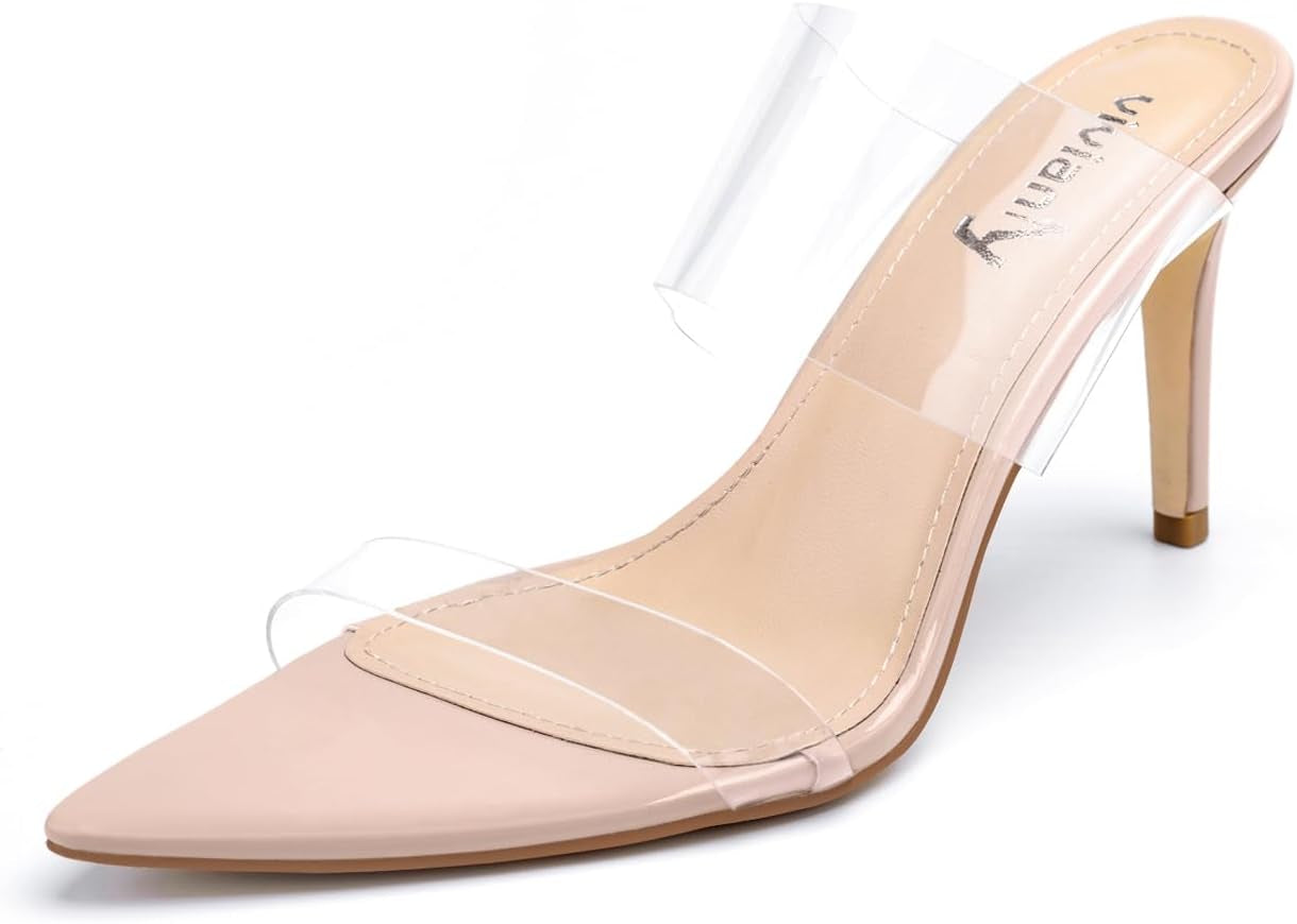 Clear Pointed Toe Heels Sandals Transparent Strap Stiletto High Heels Slip on Mules for Women