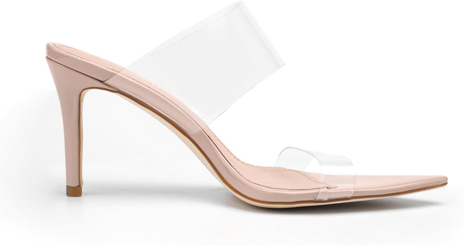 Clear Pointed Toe Heels Sandals Transparent Strap Stiletto High Heels Slip on Mules for Women