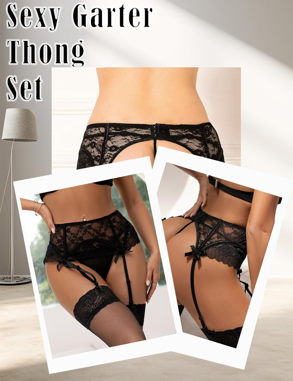 Eyelash Lace Garter Belts with G-String for Thigh Highs plus Size Black Garter Lingerie for Women