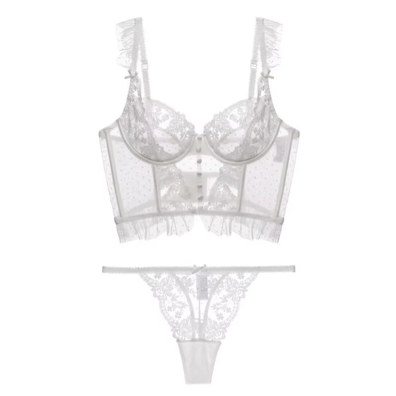 French Lingerie Sexy Women'S Underwear Set Push up Brassiere Lace Transparent Bra Panty Sets Wedding White Thin Underwear